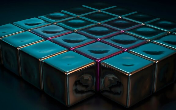 Abstract matrix of reflective metallic cubes with purple and blue highlights