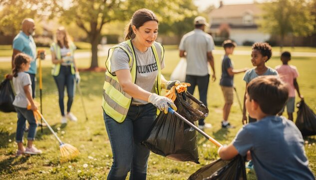 Children and parents participating in a community volunteer cleanup event capturing a focused woman handing out supplies while others are softly blurred.