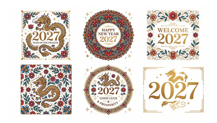 2027 happy new year dragon emblem collection and floral borders with illustration ornamental decorative celebration greeting tradition mythical prosperity oriental template festivities © Shaon