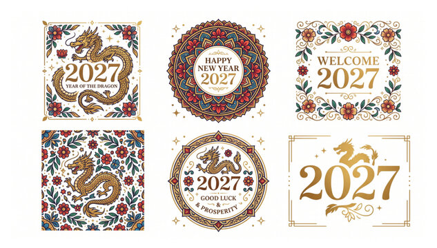 2027 happy new year dragon emblem collection and floral borders with illustration ornamental decorative celebration greeting tradition mythical prosperity oriental template festivities