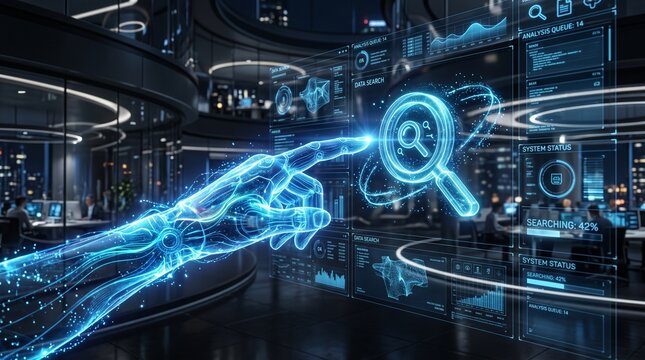 A futuristic hand reaches out to touch a glowing blue magnifying glass in a dark high-tech laboratory with curved screens and sleek machinery.
