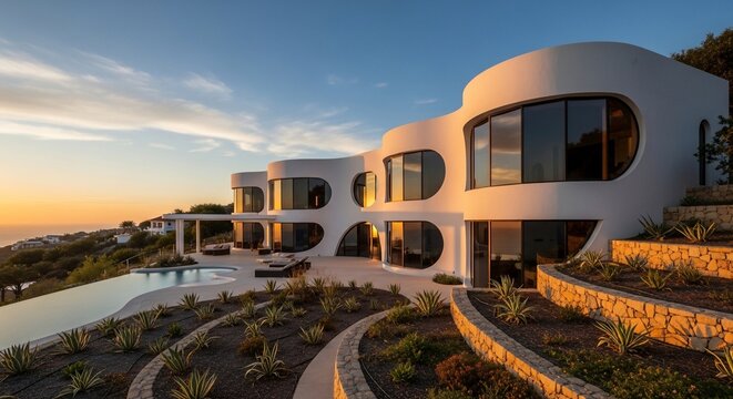 Modern white curved house with pool and garden at sunset