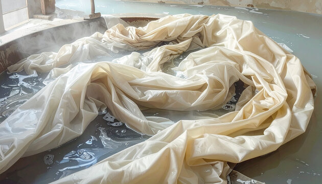 Large piece of fabric floating in a hot spring or bath water
