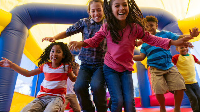 In a brightly colored bounce house, children are laughing and leaping, portraying the carefree spirit of childhood