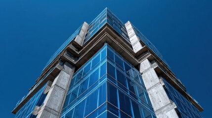 Fototapeta premium Modern Skyscraper Facade with Blue Glass Windows Against a Clear Blue Sky