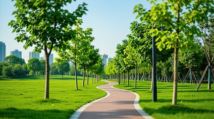 Obraz premium Curved pathway through a green city park lined with trees and grass. Buildings in background under clear blue sky. Serene urban nature scene.