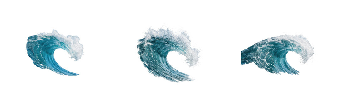 Set of crashing blue ocean sea water breaking wave isolated on transparent background png for summer beach marine aquatic design
