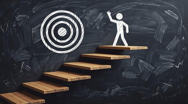 Wooden stpic ascend dark blackboard towards chalk target. Stick figure waves from top step, symbolizing success and achieving goals on unique journey. This image inspires ambition and progress.