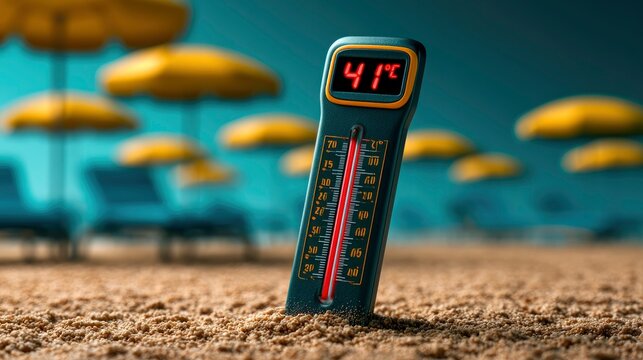 Digital thermometer showing extreme temperature on sunny beach in a sharp macro shot for climate change and summer tourism marketing