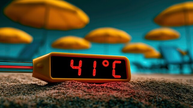 Digital beach thermometer showing 41 degrees celsius on hot sand with bokeh umbrellas in a macro shot for global warming and heatwave marketing