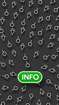 Vertical 2D Animation of Magnifying Glass and Arrow Cursor Icons Following Green Info Button Loop Internet Search Tools Concept