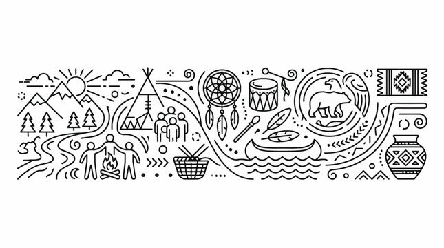 Native American Cultural Heritage Line Art Illustration Banner.