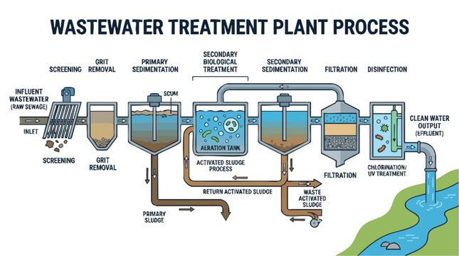 Wastewater Treatment Plant Process Diagram Vector Illustration