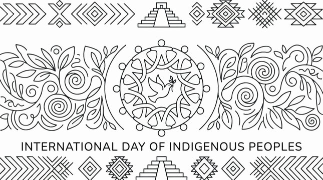 International Day of Indigenous Peoples linear illustration with ethnic patterns and dove of peace.