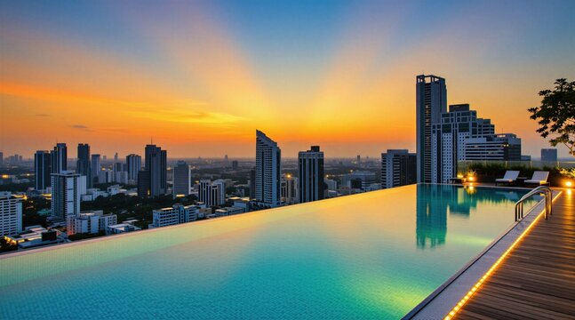 Rooftop infinity pool overlooks city skyline at sunset. Warm orange sky reflects in calm pool water. Luxury hotel offers city views and relaxation.