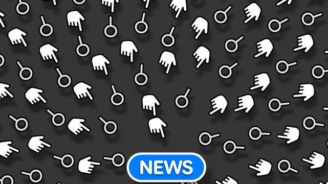 Widescreen 2D Animation of Magnifying Glass and Hand Cursor Icons Following Blue News Button Loop Journalism and Breaking News Concept