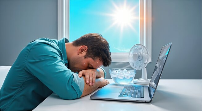 Overheated male worker resting head on desk next to laptop. Exhausted man sweating in office with fan and ice water during summer heatwave