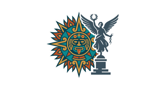 Mexican Cultural Icons Graphic Featuring Aztec Sun Stone and Angel of Independence