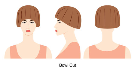 Obraz premium Bowl cut hairstyle vector front back profile views, natural haircut shape fringe detail for beauty salon, hairdresser reference, fashion illustration, hairstyle selection, graphic layout