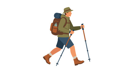 Fototapeta premium Man hiking with backpack and trekking poles on white background