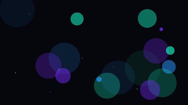 Abstract floating circles motion animation 4k background, with blue and, green bubbles on, dark backdrop