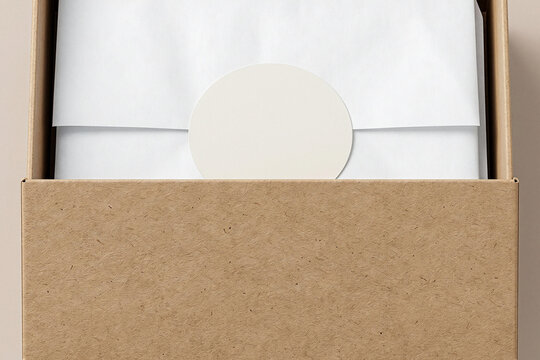 Top down view of open cardboard box mockup with white tissue paper and round blank sticker inside