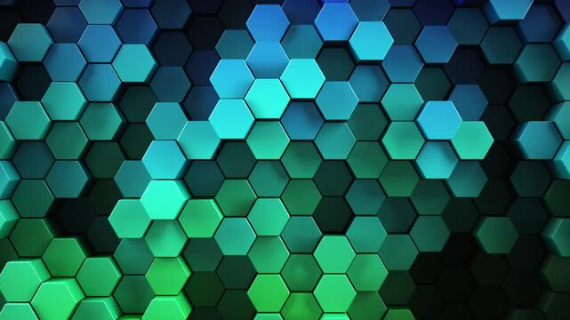 3d rendered hexagon background. Hex shapes patterned in a rainbow of colors in a smooth looping movement creating a visual of a dark shadowy motion for futuristic scientific or technical backgrounds.