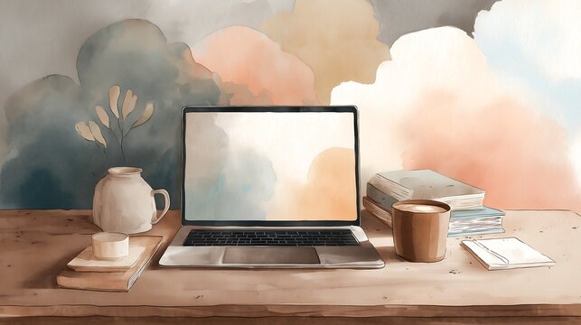 Watercolor illustration of a modern laptop on a wooden desk with a coffee cup, featuring soft brush textures, a cozy workspace atmosphere, and a remote work lifestyle concept.