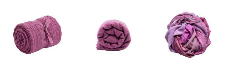 Set of soft purple rolled bath towel or fleece blanket, spa domestic textile isolated on transparent background, png. © Stock C