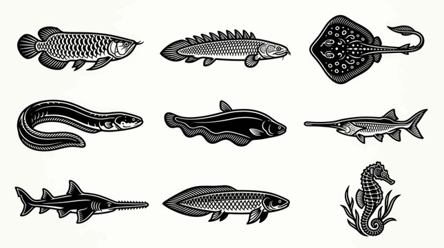 A monochrome flat vector icon set of 9 exotic fish including arowana, bichir, stingray, electric eel, knifefish, paddlefish, sawfish, lungfish, and seahorse, unique body anatomy, detailed fins 