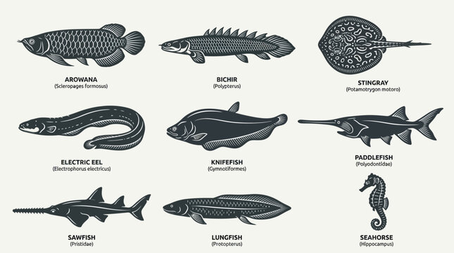 A monochrome flat vector icon set of 9 exotic fish including arowana, bichir, stingray, electric eel, knifefish, paddlefish, sawfish, lungfish, and seahorse, unique body anatomy, detailed fins 