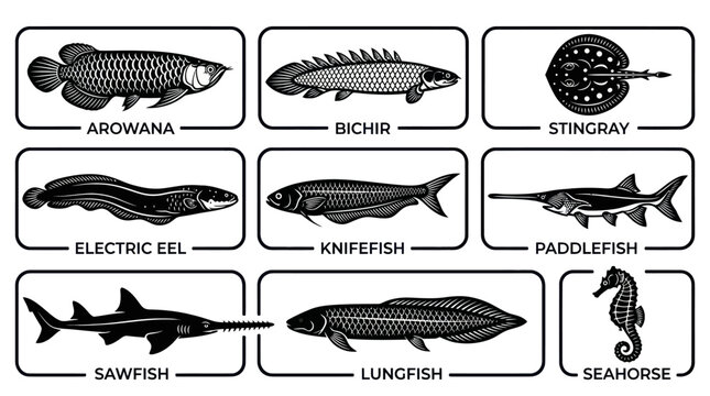 A monochrome flat vector icon set of 9 exotic fish including arowana, bichir, stingray, electric eel, knifefish, paddlefish, sawfish, lungfish, and seahorse, unique body anatomy, detailed fins 