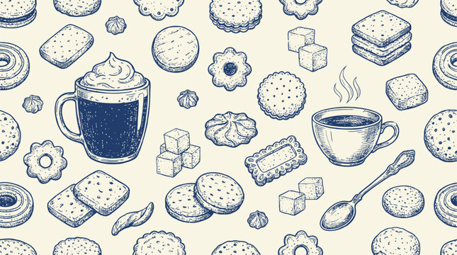 Assortment of Delicious Crispy Homemade Biscuits and Buttery Shortbread Cookies Served with a Hot Cup of Fresh Coffee in a Ceramic Mug on a Rustic Table Background