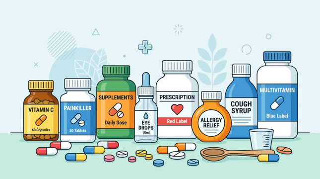 Medical Supplies and Medication Bottles Illustration