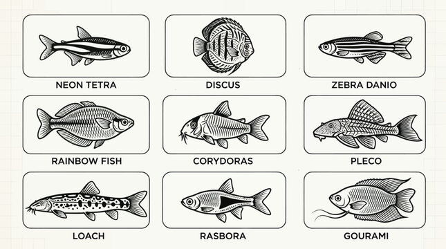 A monochrome flat vector icon set of 9 tropical fish including neon tetra, discus, zebra danio, rainbow fish, corydoras, pleco, loach, rasbora, and gourami, delicate fins, small scale patterns