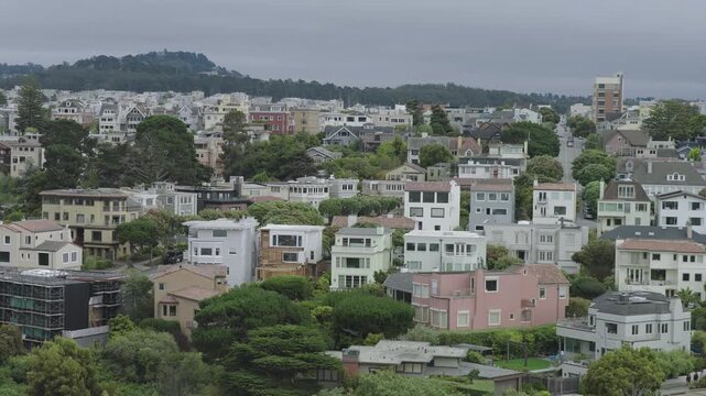 Beautiful San Francisco Residential Neighborhood - Aerial Overcast Day With Treetops