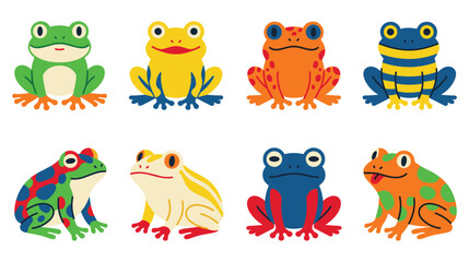 Fototapeta premium Cute cartoon frogs in various colors and patterns playful amphibian characters.