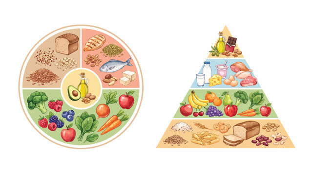 Illustrations of an optimal eating plate and nutritional diet pyramid showing various food groups