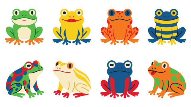 Cute cartoon frogs in various colors and patterns playful amphibian characters.