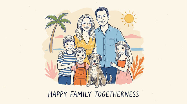 Cheerful Large Family Portrait Featuring Smiling Parents, Three Young Siblings, and a Loyal Golden Retriever Dog Sitting Together in a Bright Outdoor Backyard Garden at Sunset