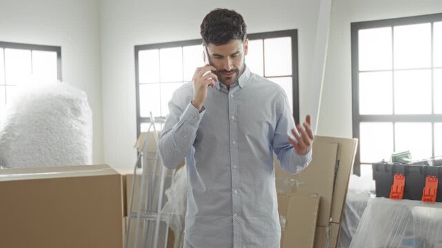 Man holds smartphone to ear and gestures with hand amid stacked moving boxes, bubblewrap and toolboxes in an apartment; frustration moving logistics.