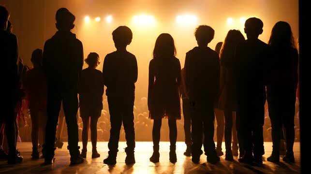 A group of children, standing as silhouettes against the soft light of stage lamps, await their turn to perform on the theater stage