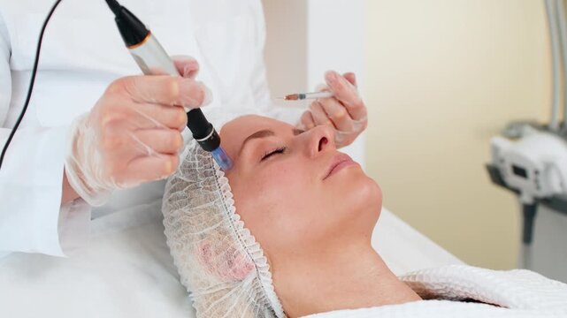 Middle-aged woman girl undergoes facial rejuvenation using dermapen microneedling technique. Cosmetologist performs fractional mesotherapy procedure in beauty clinic to improve skin texture and health
