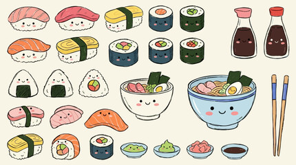 Comprehensive set of hand drawn adorable kawaii sushi character illustrations featuring colorful nigiri and maki rolls as isolated vector graphic elements for decorative creative design projects. © Thai