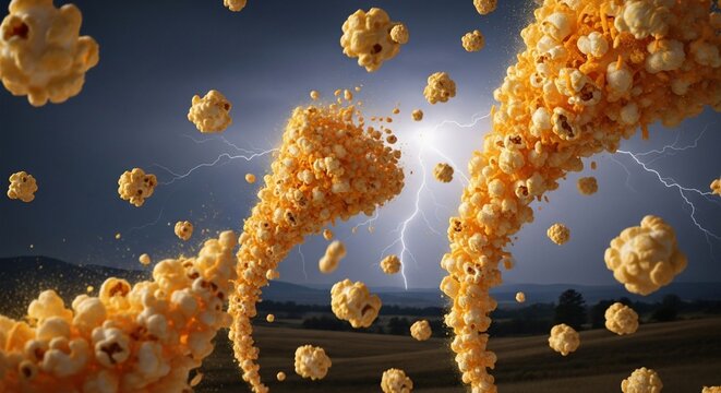 Popcorn explosion in dramatic stormy landscape with lightning
