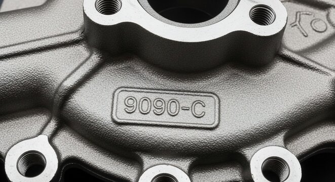 Close-up of industrial metal part with engraved code 9090-C