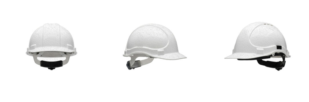 Set of solid white hard hat construction safety helmet, industrial protection gear isolated on transparent background, premium high quality png.