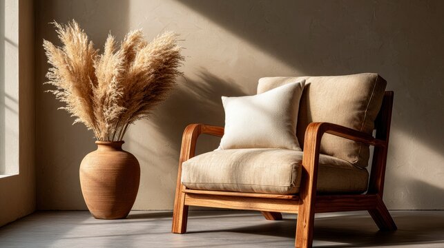 Wooden armchair and pampas grass in terracotta vase under dramatic window light shadow for interior design branding