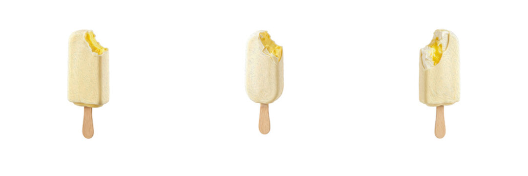 Set of white vanilla ice cream popsicle on a wooden stick with a bite taken out, sweet summer dessert isolated on transparent background, png.