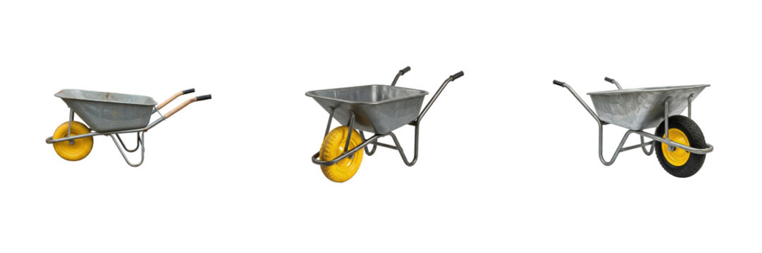 Set of metal garden wheelbarrow with single wheel, construction or agriculture tool isolated on transparent background, high quality png format.